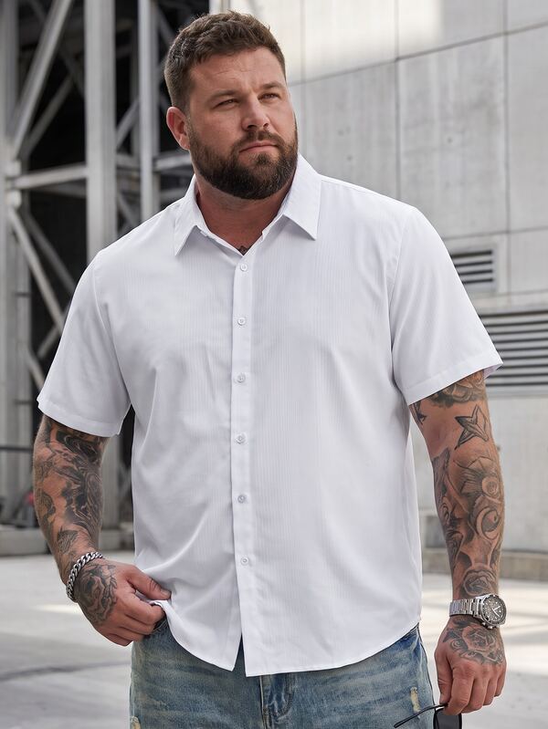 DRIVNCORE Plus Size Men's White Pinstripe Dress Shirt, Summer Casual Vacation Basic Short Sleeve Button-Down Shirt, Wrinkle-Resistant Slim Fit Business Commute, Holiday