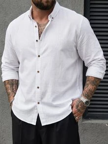 DRIVNCORE 大尺碼男士純色長袖單排扣休閒正裝襯衫，秋季，正式 - 白色 - 查看 4