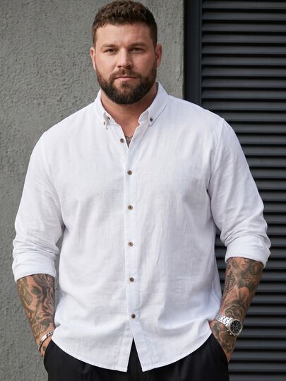 DRIVNCORE Plus Size Men Plain Long Sleeve Single-Breasted Casual Dress Shirt, Fall, Formal