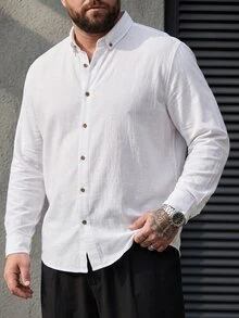 DRIVNCORE 大尺碼男士純色長袖單排扣休閒正裝襯衫，秋季，正式 - 白色 - 查看 3