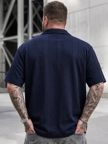 DRIVNCORE 加大码男士纯色纹理针织提花短袖衬衫 - 寶藍色 - 查看 2
