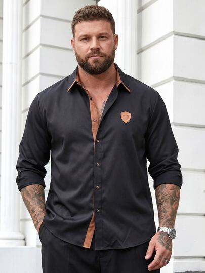 DRIVNCORE Men Plus Size Crown Embroidery Design Casual Business Long Sleeve Shirt, Black, Autumn, Smart, Office, Old Money Dress Shirt, Ceremony
