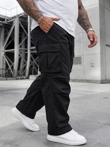 DRIVNCORE Plus Size Men's Black Cargo Pants, Multi-Pocket Casual Straight-Leg Trousers Men Loose Straight Leg Cargos For Tactical Work Streetwear - Black - View 3