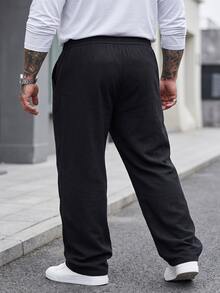 DRIVNCORE Men's Plus Size Black Cotton Linen Pants, Summer Casual Vacation Loose Straight Leg Slacks, Drawstring Waist Slant Pocket Breathable Everyday Commute, Holiday - Black - View 2