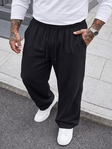 DRIVNCORE Men's Plus Size Black Cotton Linen Pants, Summer Casual Vacation Loose Straight Leg Slacks, Drawstring Waist Slant Pocket Breathable Everyday Commute, Holiday - Black - View 1