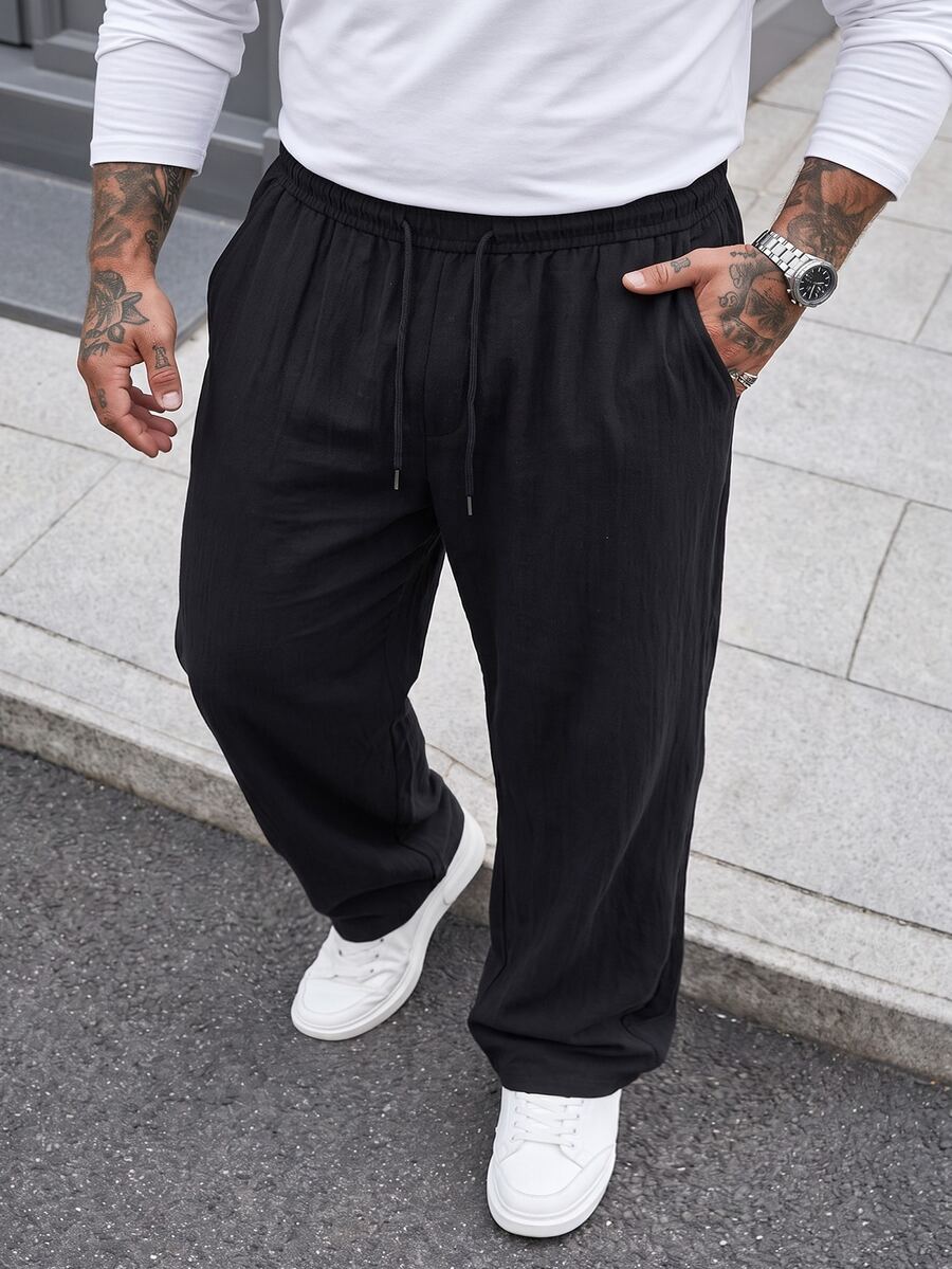 DRIVNCORE Men's Plus Size Black Cotton Linen Pants, Summer Casual Vacation Loose Straight Leg Slacks, Drawstring Waist Slant Pocket Breathable Everyday Commute, Holiday - Black - View 1