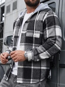 DRIVNCORE Men Plus Size Plaid Drawstring Hooded Outing Casual Shacket No T-Shirt, Boyfriend Gifts , Fall - Multicolor - View 4