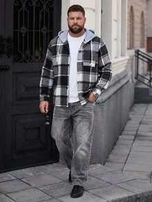 DRIVNCORE Men Plus Size Plaid Drawstring Hooded Outing Casual Shacket No T-Shirt, Boyfriend Gifts , Fall - Multicolor - View 3