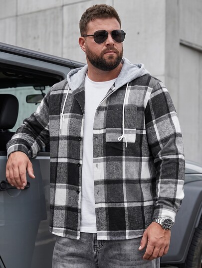 DRIVNCORE Men Plus Size Plaid Drawstring Hooded Outing Casual Shacket No T-Shirt, Boyfriend Gifts , Fall