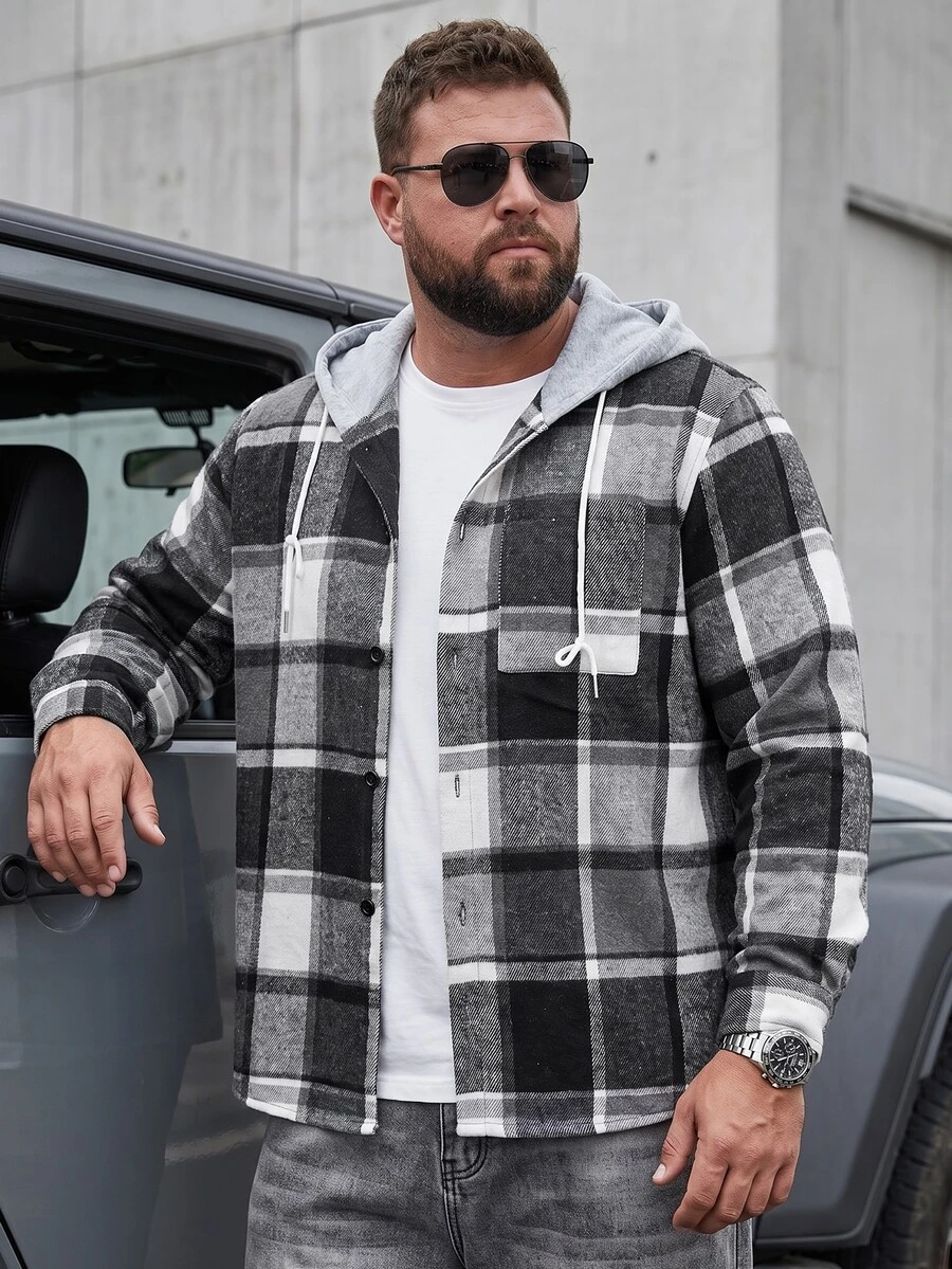 DRIVNCORE Men Plus Size Plaid Drawstring Hooded Outing Casual Shacket No T-Shirt, Boyfriend Gifts , Fall - Multicolor - View 1