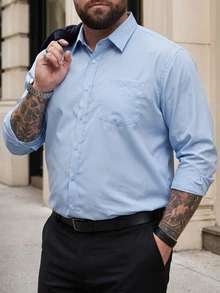 DRIVNCORE Men Plus Size Solid Color Button-Up Casual Long Sleeve Shirt, Formal, Ceremony - Baby Blue - View 3