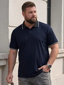 DRIVNCORE 男士大尺碼條紋短袖休閒/商務 Polo 衫，海軍藍夏季高爾夫 Polo 衫，老錢風適用於日常休閒、工作或半正式場合、典禮 - 寶藍色 - 查看 1