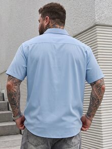 DRIVNCORE 大尺碼男士拼色短袖單排扣口袋休閒襯衫，正式款 - 藍色 - 查看 2