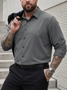 DRIVNCORE 大尺碼男士休閒純色長袖襯衫 灰色男士長袖襯衫 男士正裝襯衫 男士休閒長袖襯衫 儀式正式場合 - 深灰色 - 查看 3