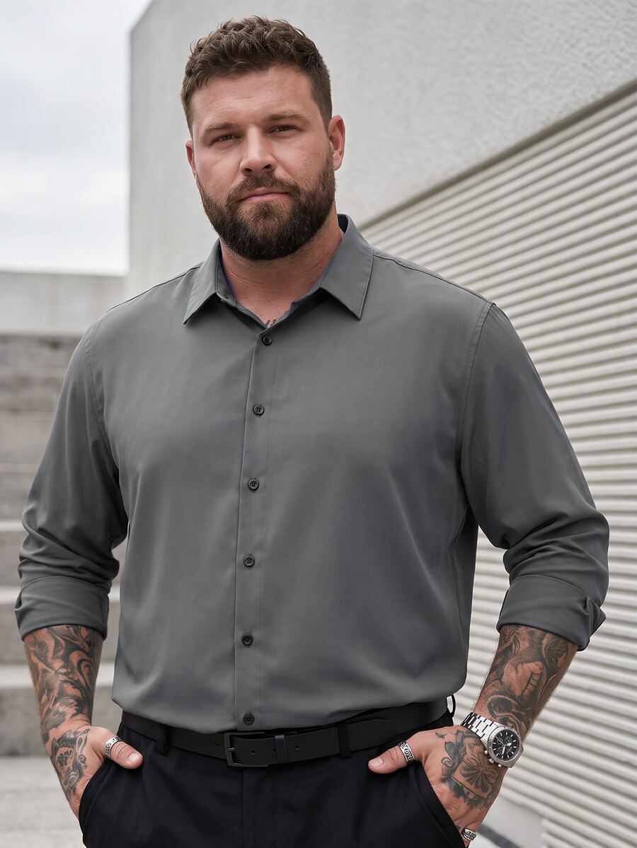 DRIVNCORE 大尺碼男士休閒純色長袖襯衫 灰色男士長袖襯衫 男士正裝襯衫 男士休閒長袖襯衫 儀式正式場合 - 深灰色 - 查看 1