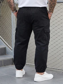 DRIVNCORE Plus Size Men's Drawstring Waist Cargo Pocket Relaxed Fit Casual Denim Pants - Black - View 2