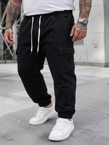 DRIVNCORE Plus Size Men's Drawstring Waist Cargo Pocket Relaxed Fit Casual Denim Pants - Black - View 3