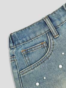 SHEIN Teen Girl Fashion Distressed Denim Shorts With Faux Pearl Decor, Summer - Medium Wash - View 3