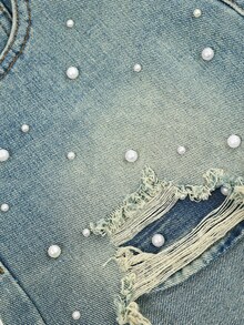 SHEIN Teen Girl Fashion Distressed Denim Shorts With Faux Pearl Decor, Summer - Medium Wash - View 5