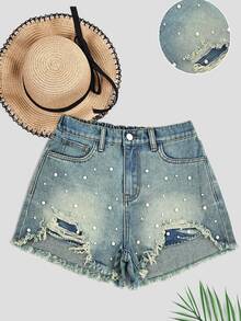 SHEIN Teen Girl Fashion Distressed Denim Shorts With Faux Pearl Decor, Summer - Medium Wash - View 1