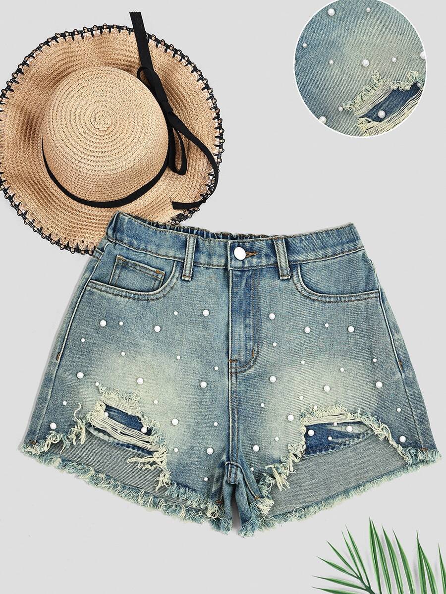 SHEIN Teen Girl Fashion Distressed Denim Shorts With Faux Pearl Decor, Summer - Medium Wash - View 1