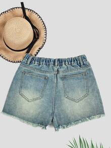 SHEIN Teen Girl Fashion Distressed Denim Shorts With Faux Pearl Decor, Summer - Medium Wash - View 2