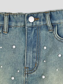SHEIN Teen Girl Fashion Distressed Denim Shorts With Faux Pearl Decor, Summer - Medium Wash - View 4