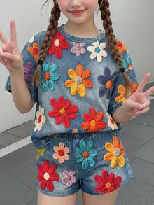 少女休閒簡約可愛趣味紋理花卉印花短袖長褲兩件套，適合夏季圖案舒適女童套裝，Y2K復古度假風 - 彩色 - 查看 1