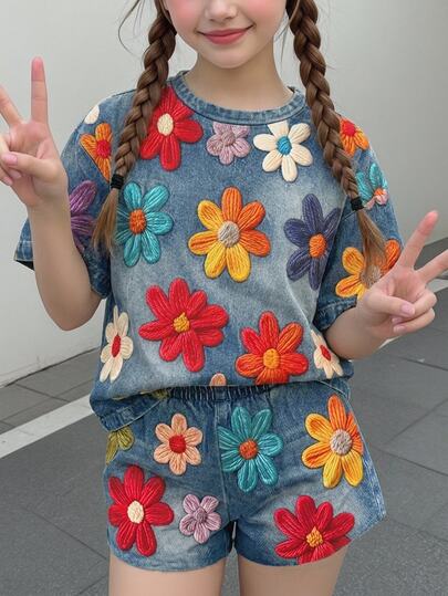 少女休閒簡約可愛趣味紋理花卉印花短袖長褲兩件套，適合夏季圖案舒適女童套裝，Y2K復古度假風