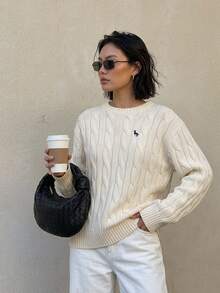 DAZY 女款圖案刺繡扭繩針織寬鬆長袖圓領休閒套頭毛衣，春秋校園大學風白色圖案 - 杏色 - 查看 4