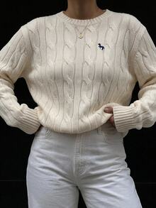 DAZY 女款圖案刺繡扭繩針織寬鬆長袖圓領休閒套頭毛衣，春秋校園大學風白色圖案 - 杏色 - 查看 7