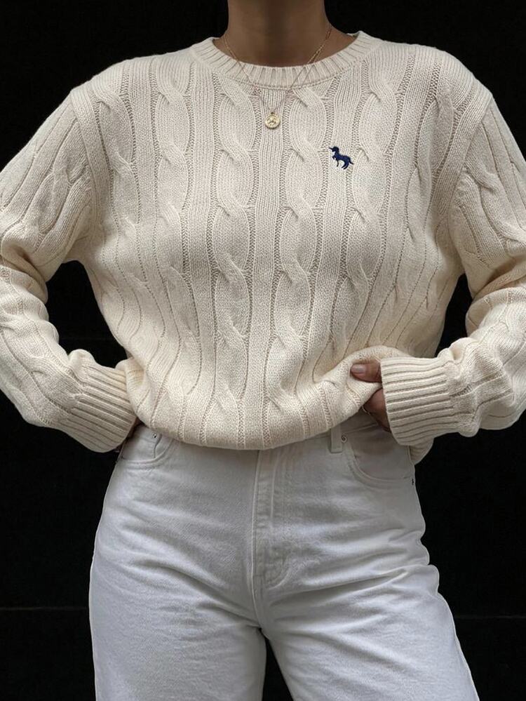 DAZY Women's Pattern Embroidered Twisted Cable Knit Loose Long Sleeve Crew Neck Casual Old Money Elegant Pullover Sweater, Spring/Autumn School - Apricot - View 7