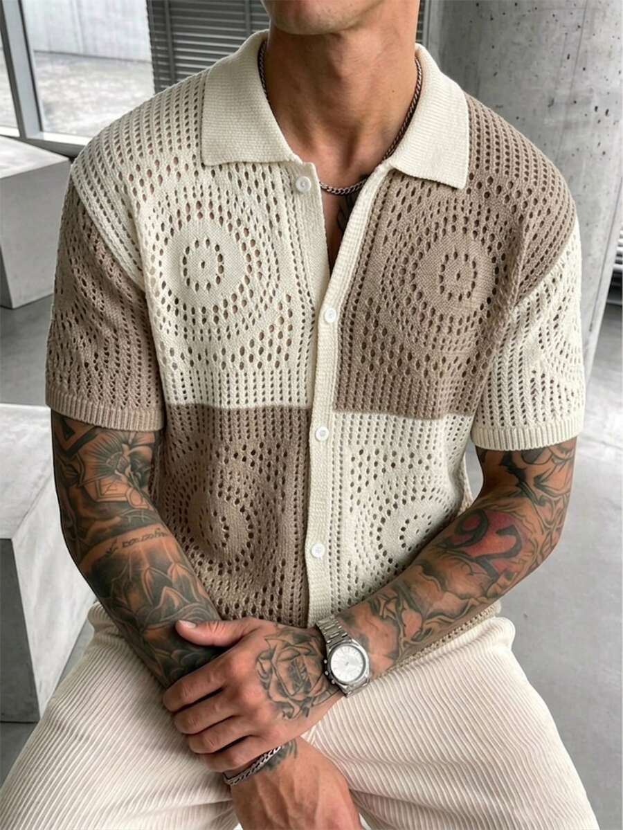 Manfinity LEGND Men's Contrast Color Short Sleeve Single-Breasted Casual Tropical Breezy Hollow Knit Cardigan Vacation Holiday Beige Summer - Apricot - View 1