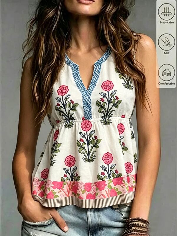 SHEIN Franclia Middle-Aged And Elderly Women's Floral Print Sleeveless Blouse For Vacation And Leisure
