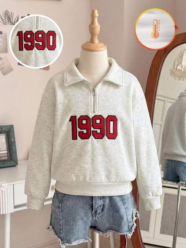 Back To School Season Girls Toddler Casual Vintage "1990" Letter & Number Print Half-Zip Polo Collar Loose Fit Sweatshirt, Oatmeal Grey Fuzzy Long Sleeve Pullover Knit Top, Suitable For 4-7 Years Old Kids, Ideal For Autumn/Winter School Season, Outdoor Sports And Daily Wear, Collegiate Style Children's Clothing