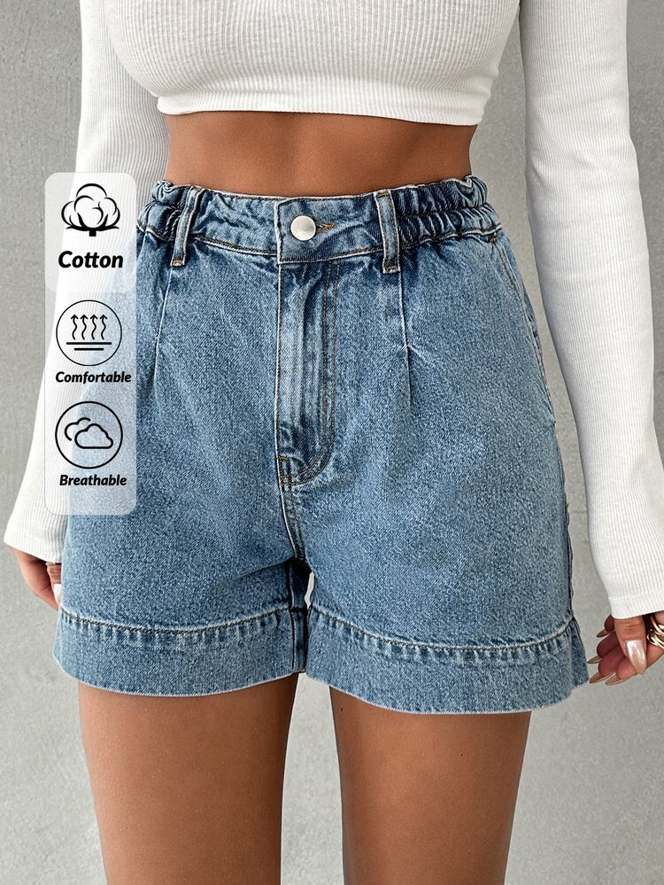 SHEIN Cottnline Women'S Loose Fit Denim Shorts With Diagonal Pockets For Casual Wear - Light Wash - View 1