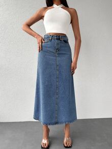 Letter Patched Denim Skirt - Light Wash - View 4
