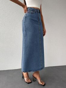 Letter Patched Denim Skirt - Light Wash - View 5