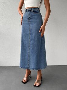 Letter Patched Denim Skirt - Light Wash - View 6