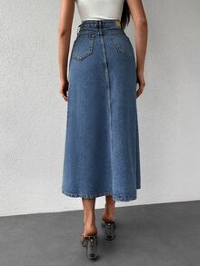 Letter Patched Denim Skirt - Light Wash - View 3