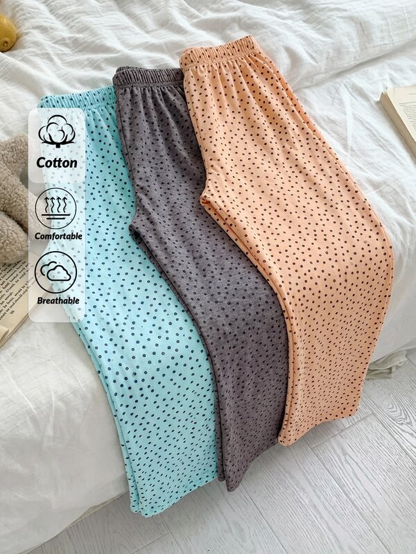 SHEIN Women Cotton 3pcs Multicolour Heart Pattern Long Pants Homewear Comfort Casual Sleep Bottom Sets