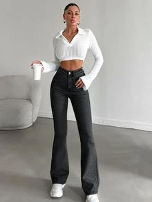 SHEIN Tall 女款高腰口袋喇叭休閒百搭牛仔褲，適合高個女性 - 深灰色 - 查看 4