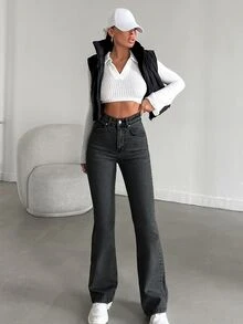 SHEIN Tall 女款高腰口袋喇叭休閒百搭牛仔褲，適合高個女性 - 深灰色 - 查看 5