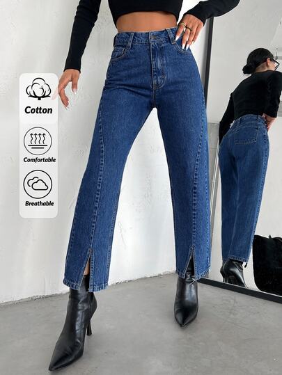 SHEIN Jeans casual da donna a vita alta blu navy gamba dritta per cena invernale