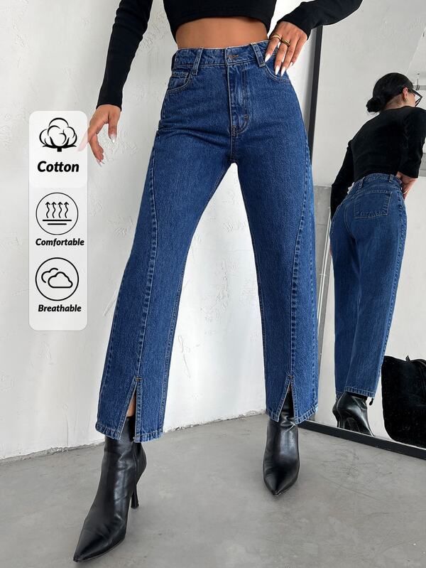 SHEIN Women High Waist Navy Blue Straight Leg Casual Jeans Dinner Winter