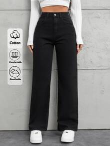EURMUSE Petite Casual Straight Leg Jeans - Black - View 2