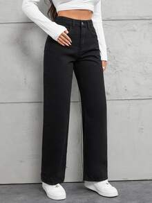 EURMUSE Petite Casual Straight Leg Jeans - Black - View 4