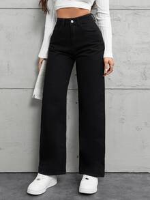 EURMUSE Petite Casual Straight Leg Jeans - Black - View 5