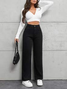 EURMUSE Petite Casual Straight Leg Jeans - Black - View 6
