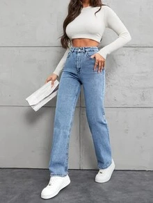 EURMUSE 100%Cotton Slant Pocket Straight Leg Jeans - Light Wash - View 5